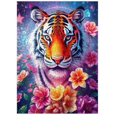 puzzleplate Vibrant Cosmic Tiger with Flowers and Gemstones 500 Jigsaw Puzzle