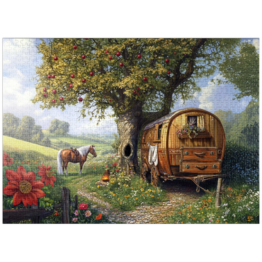 puzzleplate Charming Gypsy Caravan with Horse Under an Apple Tree in Blooming Countryside 1000 Jigsaw Puzzle