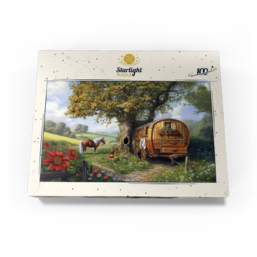 Charming Gypsy Caravan with Horse Under an Apple Tree in Blooming Countryside 100 Jigsaw Puzzle box view3