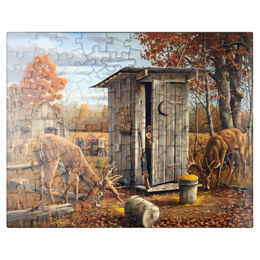 puzzleplate Autumn Deer Surprise at Hunting Cabin 100 Jigsaw Puzzle