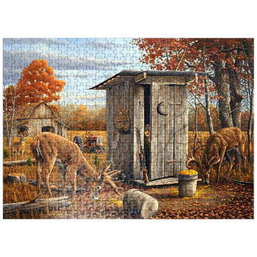 puzzleplate Autumn Deer Surprise at Hunting Cabin 500 Jigsaw Puzzle