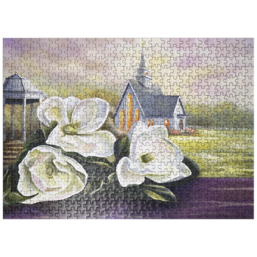 puzzleplate Southern Magnolia Blooms and Country Chapel 500 Jigsaw Puzzle