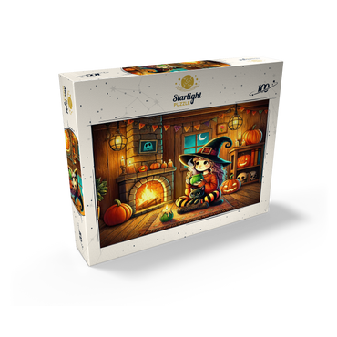 Cozy Halloween Witch with Black Cat by Fireplace 100 Jigsaw Puzzle box view2