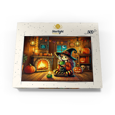 Cozy Halloween Witch with Black Cat by Fireplace 500 Jigsaw Puzzle box view3