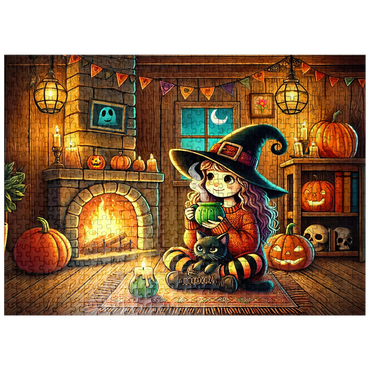 puzzleplate Cozy Halloween Witch with Black Cat by Fireplace 500 Jigsaw Puzzle