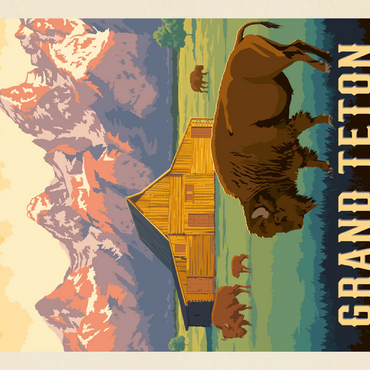 Grand Teton National Park: Bison & Barn, Vintage Poster 100 Jigsaw Puzzle 3D Modell