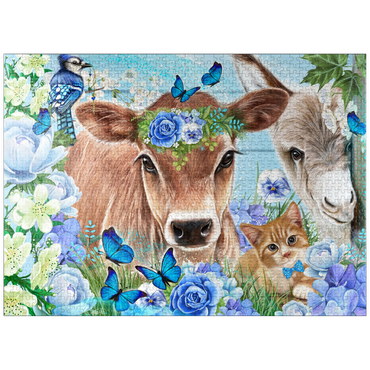 puzzleplate Blue Blossom Buddies Cow Donkey Cat - Sheena Pike 1000 Jigsaw Puzzle