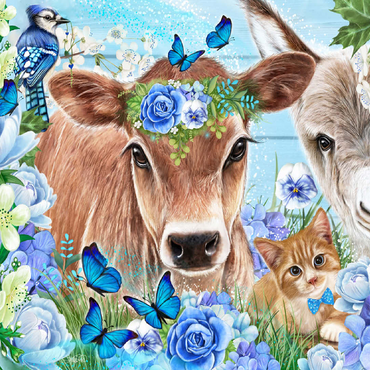 Blue Blossom Buddies Cow Donkey Cat - Sheena Pike 100 Jigsaw Puzzle 3D Modell