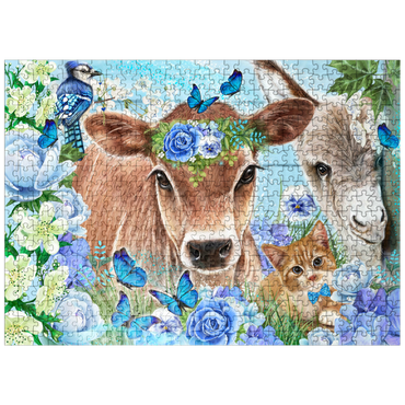puzzleplate Blue Blossom Buddies Cow Donkey Cat - Sheena Pike 500 Jigsaw Puzzle