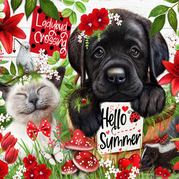 Red Blossom Buddies Puppy Cat HummingBird - Sheena Pike 100 Jigsaw Puzzle 3D Modell