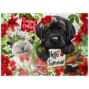 puzzleplate Red Blossom Buddies Puppy Cat HummingBird - Sheena Pike 500 Jigsaw Puzzle