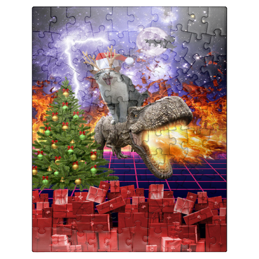 puzzleplate Christmas Cat Riding Dinosaur, Santa T-Rex - Random Galaxy 100 Jigsaw Puzzle