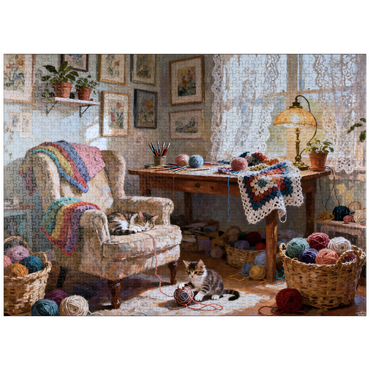 puzzleplate Sunlit Knitting Room Cats by Window 1000 Jigsaw Puzzle