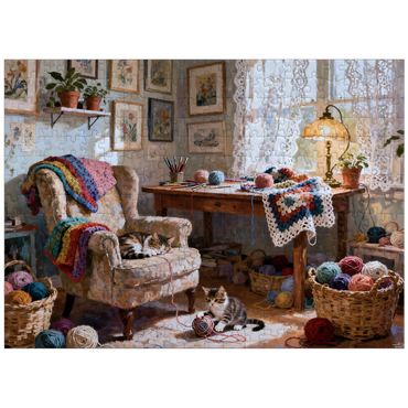 puzzleplate Sunlit Knitting Room Cats by Window 300 Jigsaw Puzzle