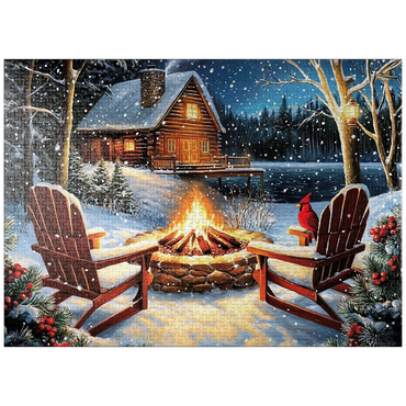puzzleplate Cozy Lakeside Log Cabin Winter Firepit 1000 Jigsaw Puzzle
