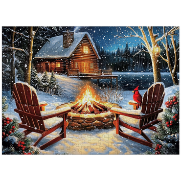 puzzleplate Cozy Lakeside Log Cabin Winter Firepit 300 Jigsaw Puzzle