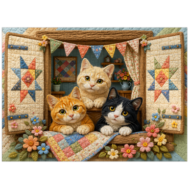 puzzleplate Cozy Quilt Window Cats 300 Jigsaw Puzzle