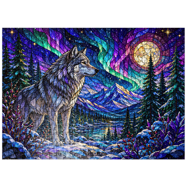 puzzleplate Stained Glass Wolf Aurora Forest 500 Jigsaw Puzzle