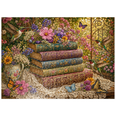 puzzleplate Wildflower Book Stack with Hummingbirds 500 Jigsaw Puzzle