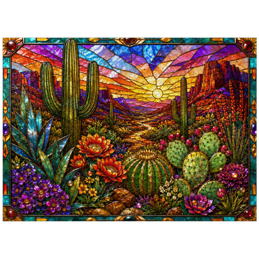 puzzleplate Stained Glass Cactus Desert Bloom 300 Jigsaw Puzzle