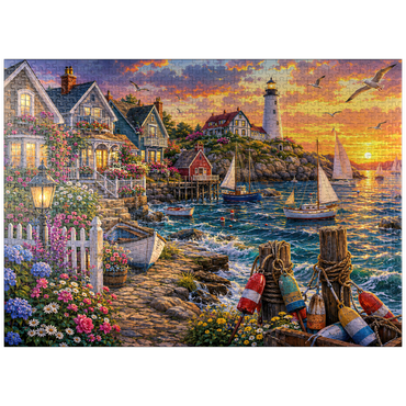 puzzleplate New England Lighthouse Flower Harbor 1000 Jigsaw Puzzle