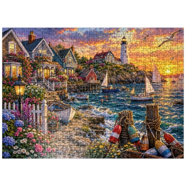 puzzleplate New England Lighthouse Flower Harbor 500 Jigsaw Puzzle