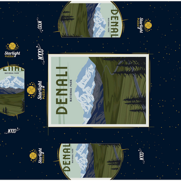 Denali National Park, Alaska, art deco style vintage poster, illustration 1000 Jigsaw Puzzle box 3D Modell