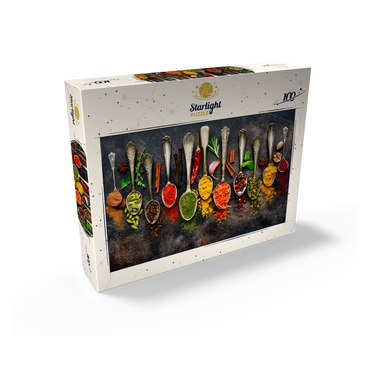 Assortment of natural spices on vintage spoons on dark slate 100 Jigsaw Puzzle box view1