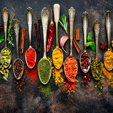 Assortment of natural spices on vintage spoons on dark slate 100 Jigsaw Puzzle 3D Modell