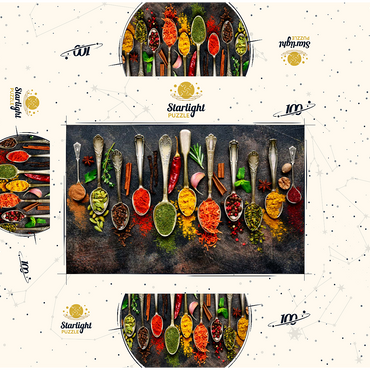 Assortment of natural spices on vintage spoons on dark slate 100 Jigsaw Puzzle box 3D Modell