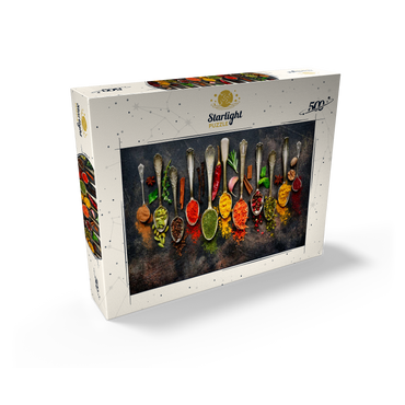 Assortment of natural spices on vintage spoons on dark slate 500 Jigsaw Puzzle box view1