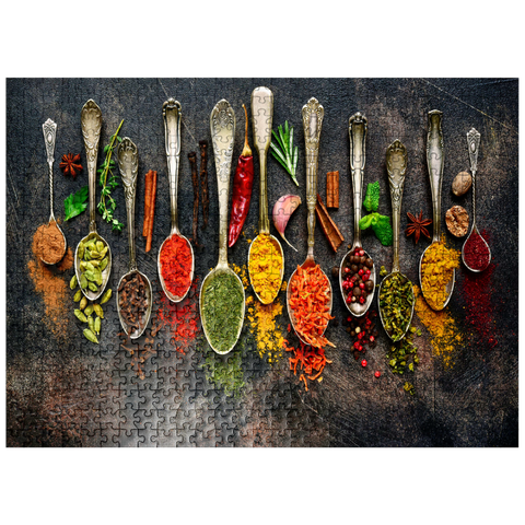 puzzleplate Assortment of natural spices on vintage spoons on dark slate 500 Jigsaw Puzzle