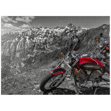 puzzleplate View to Grimsel pass road (2165m) with motorcycles, Obergoms, canton Valais, Switzerland 1000 Jigsaw Puzzle