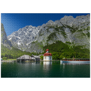 puzzleplate View over the lake to St. Bartholomä against the Watzmann (2713m) 1000 Jigsaw Puzzle