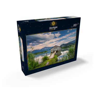 Boat hut at Kochelsee against Jochberg (1565m) and Herzogstand (1731m), Schlehdorf 100 Jigsaw Puzzle box view1