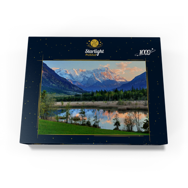 Seven springs in Loisach valley near Eschenlohe against Zugspitz group in evening light 1000 Jigsaw Puzzle box view1