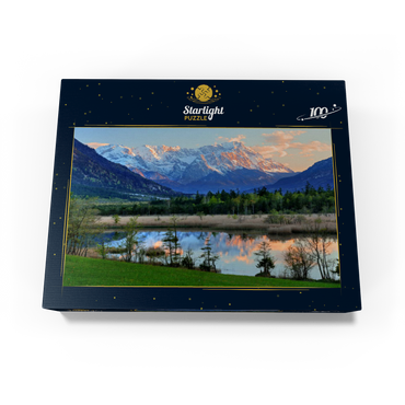 Seven springs in Loisach valley near Eschenlohe against Zugspitz group in evening light 100 Jigsaw Puzzle box view1