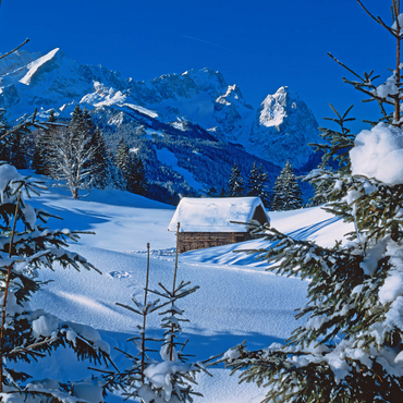 At the Gschwandtnerbauer against Zugspitzgruppe (2962m) near Garmisch-Partenkirchen 1000 Jigsaw Puzzle 3D Modell