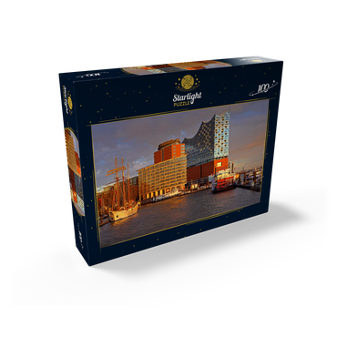 Ship pier at the Überseebrücke with view over the Elbe to the Elbphilharmonie in the HafenCity, Hamburg, Germany 100 Jigsaw Puzzle box view1