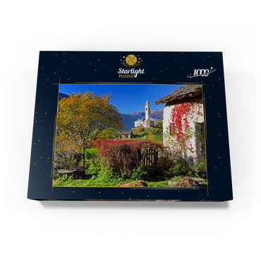 View to the village church in the mountain village Soglio, Bregaglia in Bergell valley, Engadin, canton Graubünden, Switzerland 1000 Jigsaw Puzzle box view1