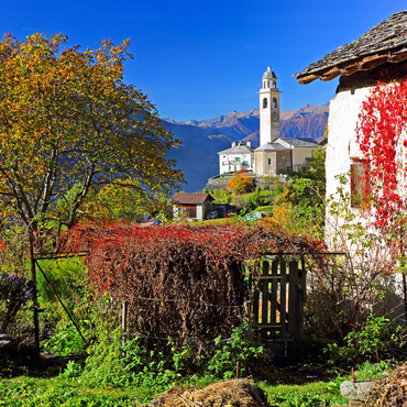 View to the village church in the mountain village Soglio, Bregaglia in Bergell valley, Engadin, canton Graubünden, Switzerland 1000 Jigsaw Puzzle 3D Modell