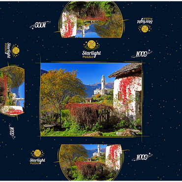 View to the village church in the mountain village Soglio, Bregaglia in Bergell valley, Engadin, canton Graubünden, Switzerland 1000 Jigsaw Puzzle box 3D Modell