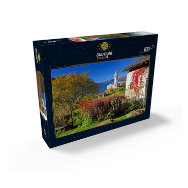 View to the village church in the mountain village Soglio, Bregaglia in Bergell valley, Engadin, canton Graubünden, Switzerland 100 Jigsaw Puzzle box view1