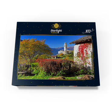 View to the village church in the mountain village Soglio, Bregaglia in Bergell valley, Engadin, canton Graubünden, Switzerland 100 Jigsaw Puzzle box view1