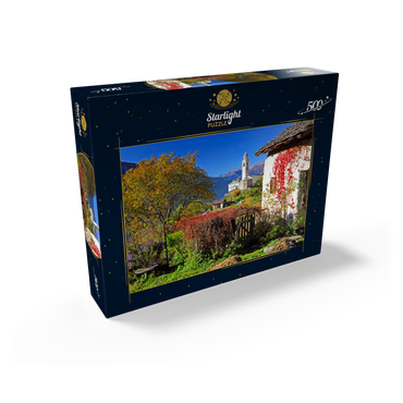 View to the village church in the mountain village Soglio, Bregaglia in Bergell valley, Engadin, canton Graubünden, Switzerland 500 Jigsaw Puzzle box view1