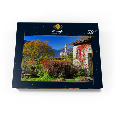 View to the village church in the mountain village Soglio, Bregaglia in Bergell valley, Engadin, canton Graubünden, Switzerland 500 Jigsaw Puzzle box view1