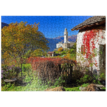 puzzleplate View to the village church in the mountain village Soglio, Bregaglia in Bergell valley, Engadin, canton Graubünden, Switzerland 500 Jigsaw Puzzle