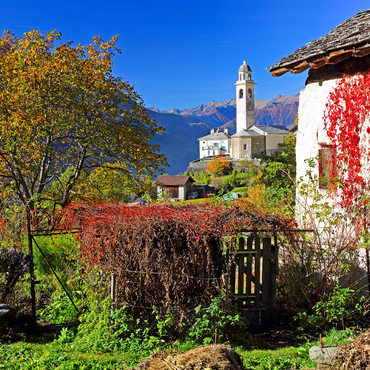 View to the village church in the mountain village Soglio, Bregaglia in Bergell valley, Engadin, canton Graubünden, Switzerland 500 Jigsaw Puzzle 3D Modell