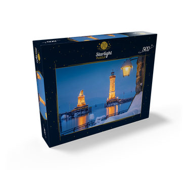 Harbour entrance with lighthouse and lion statue on a winter evening, Lindau 500 Jigsaw Puzzle box view1