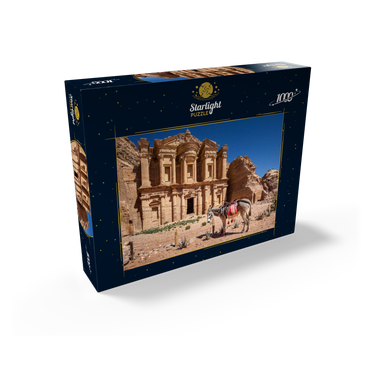 Donkey in front of the Monastery Ad-Deir (Al-Deir, El-Deir, Ed-Deir), ancient rock city of Petra, Jordan 1000 Jigsaw Puzzle box view1